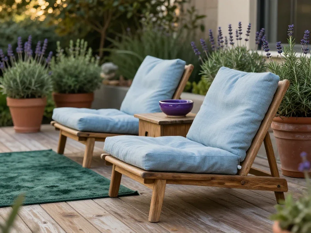 Terraza de madera con mobiliario sereno entre plantas aromáticas que transmite calma hogareña.
